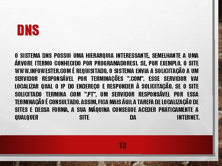 DNS O SISTEMA DNS POSSUI UMA HIERARQUIA INTERESSANTE, SEMELHANTE A UMA ÁRVORE (TERMO CONHECIDO