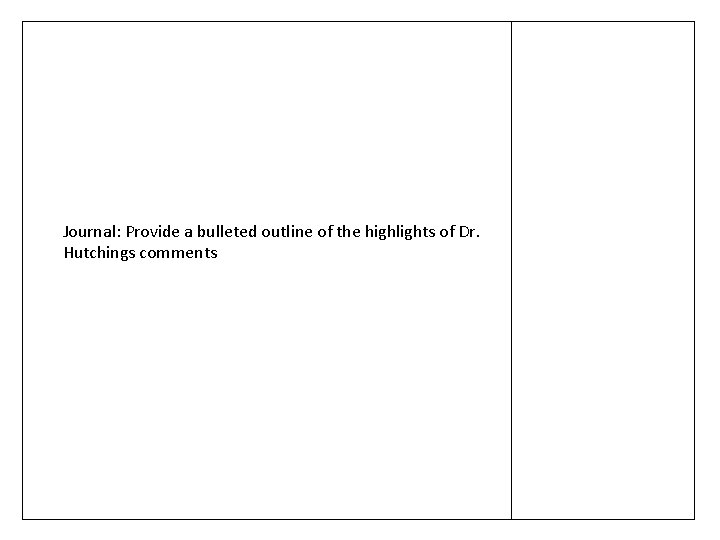Journal: Provide a bulleted outline of the highlights of Dr. Hutchings comments Journal: Provide a bulleted outline of the highlights of Dr. Hutchings comments