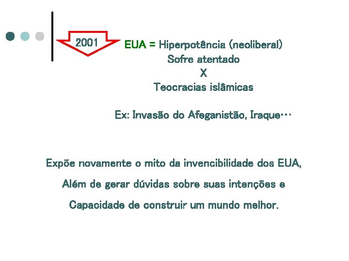 2001 EUA = Hiperpotência (neoliberal) Sofre atentado X Teocracias islâmicas Ex: Invasão do Afeganistão,