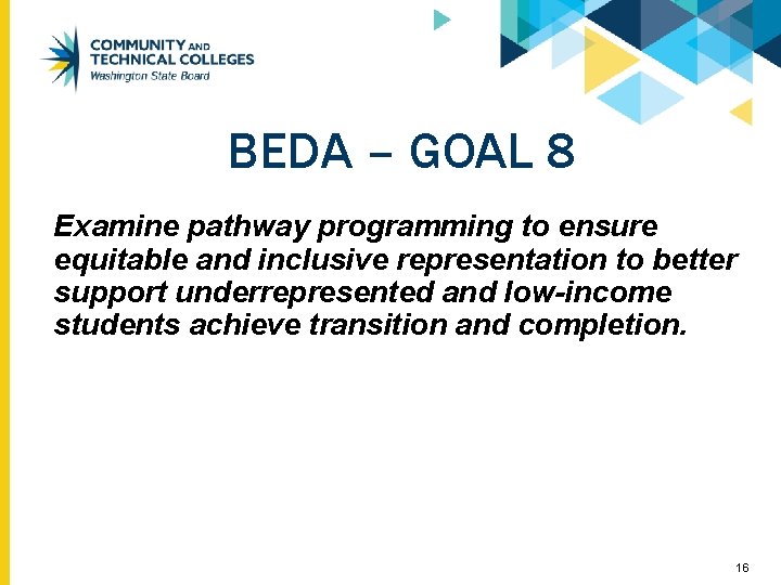 BEDA – GOAL 8 Examine pathway programming to ensure equitable and inclusive representation to