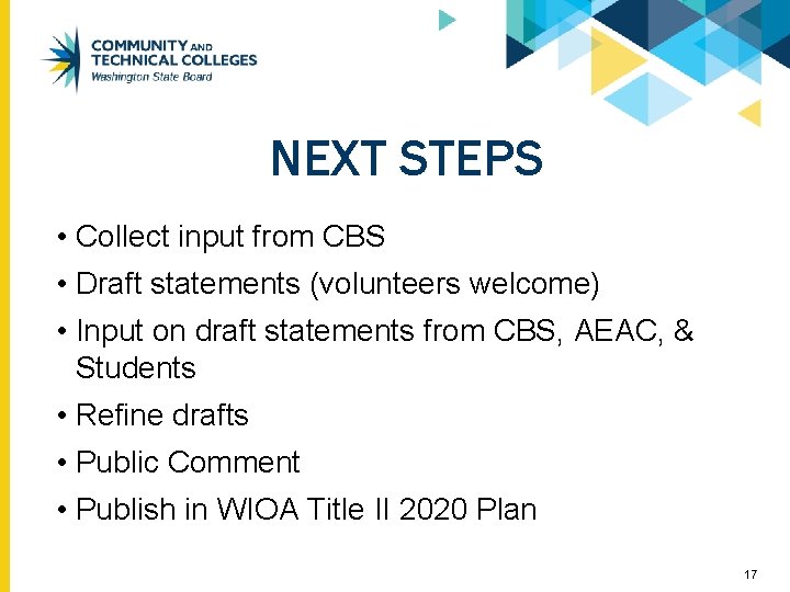 NEXT STEPS • Collect input from CBS • Draft statements (volunteers welcome) • Input