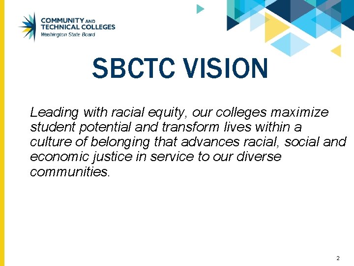 SBCTC VISION Leading with racial equity, our colleges maximize student potential and transform lives