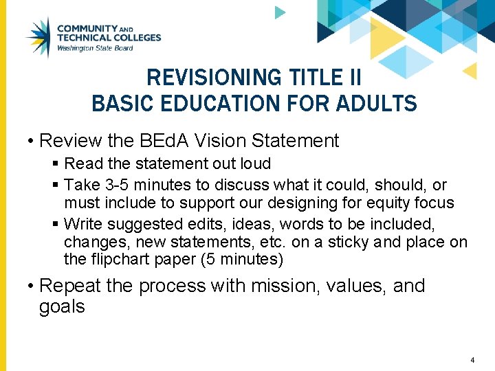 REVISIONING TITLE II BASIC EDUCATION FOR ADULTS • Review the BEd. A Vision Statement