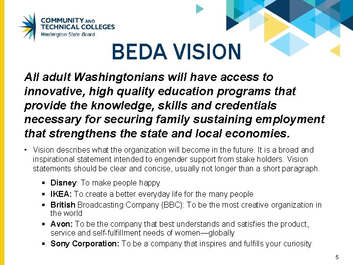 BEDA VISION All adult Washingtonians will have access to innovative, high quality education programs