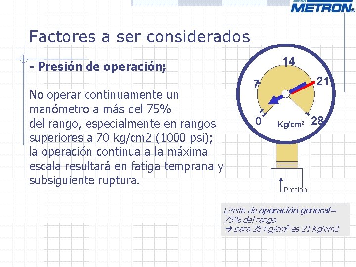 Factores a ser considerados 14 - Presión de operación; No operar continuamente un manómetro Factores a ser considerados 14 - Presión de operación; No operar continuamente un manómetro