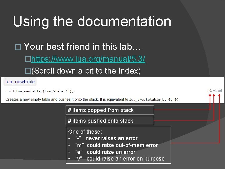 Using the documentation � Your best friend in this lab… �https: //www. lua. org/manual/5.