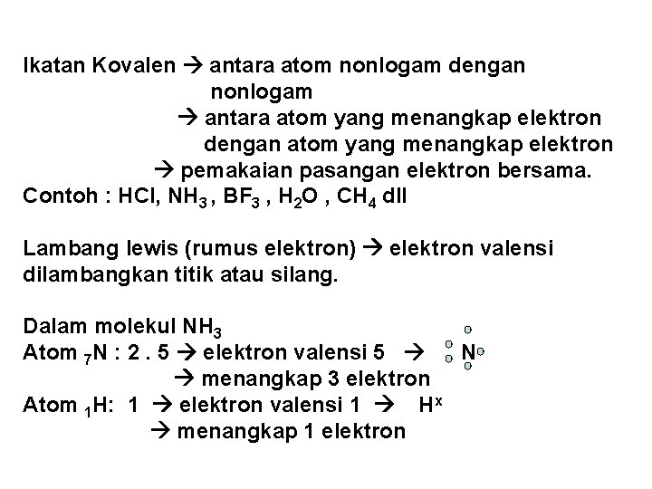 Ikatan Kovalen antara atom nonlogam dengan nonlogam antara atom yang menangkap elektron dengan atom