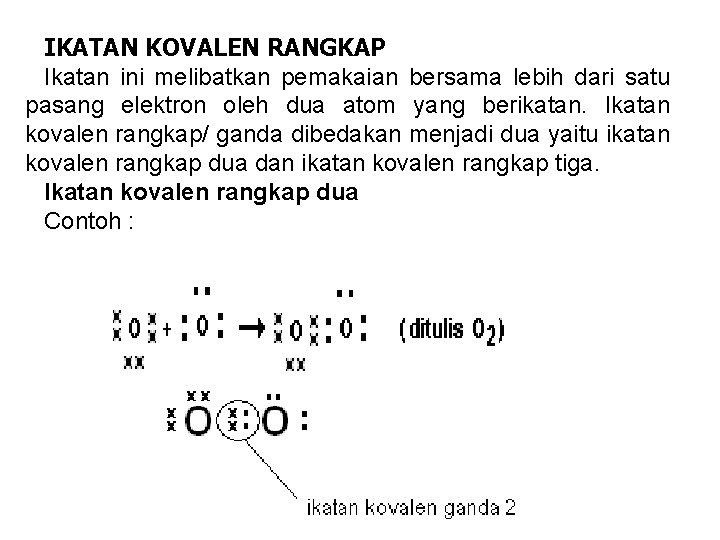 IKATAN KOVALEN RANGKAP Ikatan ini melibatkan pemakaian bersama lebih dari satu pasang elektron oleh