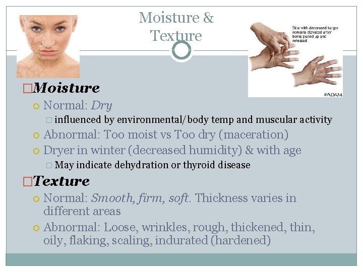 Moisture & Texture �Moisture Normal: Dry � influenced by environmental/body temp and muscular activity