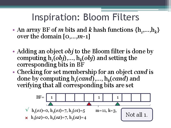 Inspiration: Bloom Filters • An array BF of m bits and k hash functions