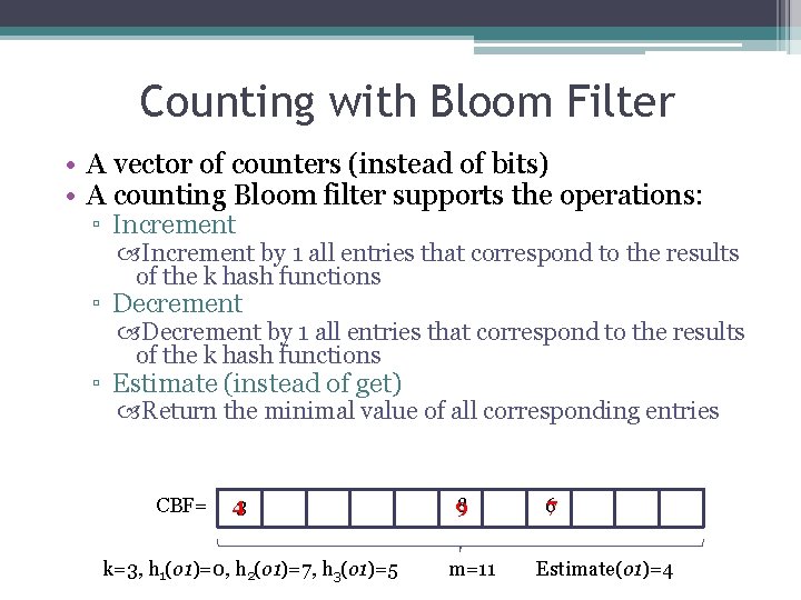 Counting with Bloom Filter • A vector of counters (instead of bits) • A