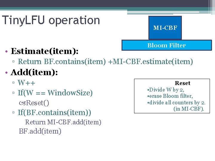 Tiny. LFU operation • Estimate(item): MI-CBF Bloom Filter ▫ Return BF. contains(item) +MI-CBF. estimate(item)