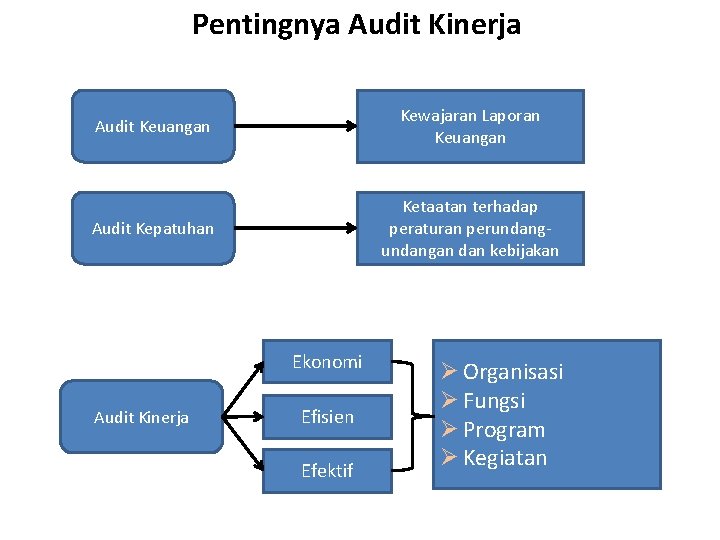 Pentingnya Audit Kinerja Audit Keuangan Kewajaran Laporan Keuangan Audit Kepatuhan Ketaatan terhadap peraturan perundangan