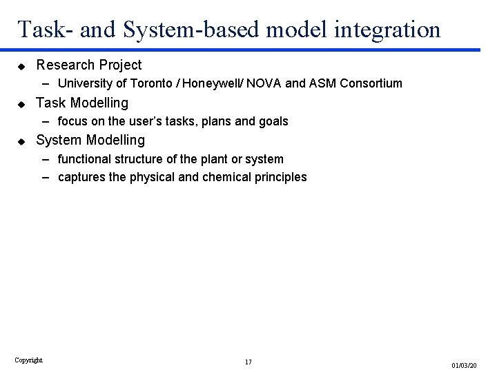 Task- and System-based model integration u Research Project – University of Toronto / Honeywell/