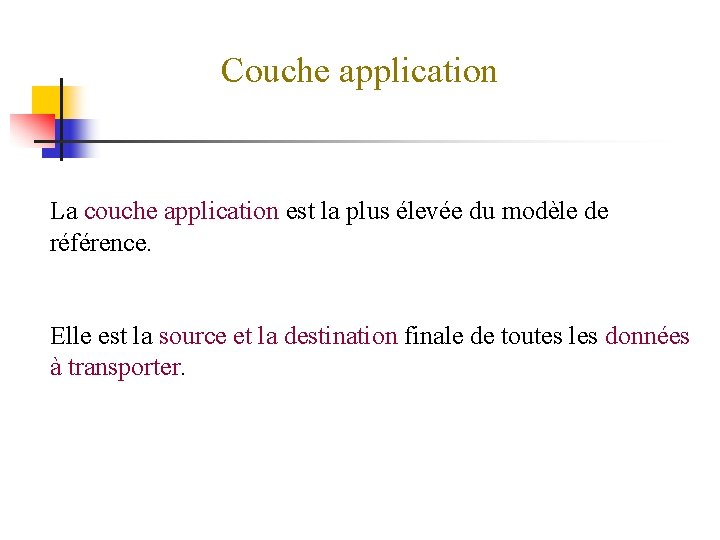 Couche application La couche application est la plus élevée du modèle de référence. Elle