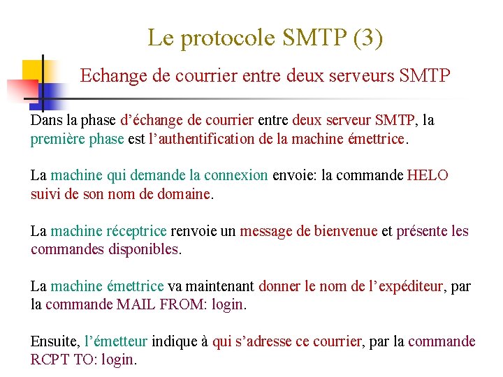 Le protocole SMTP (3) Echange de courrier entre deux serveurs SMTP Dans la phase