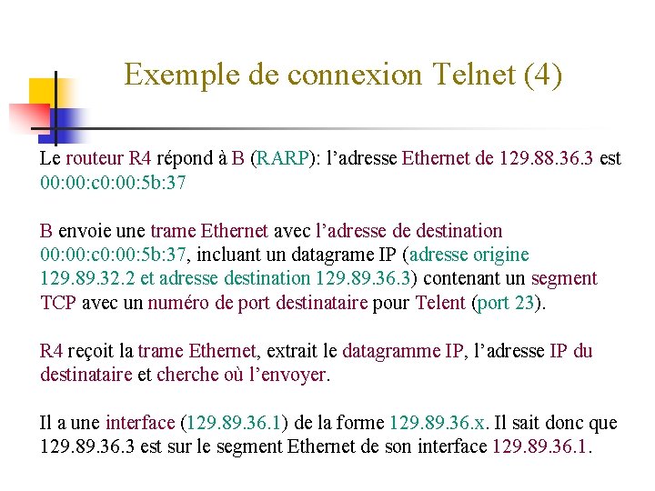 Exemple de connexion Telnet (4) Le routeur R 4 répond à B (RARP): l’adresse