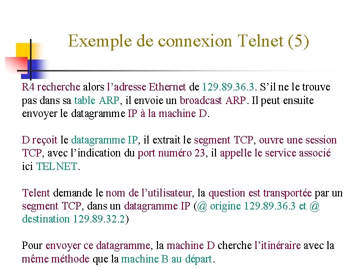 Exemple de connexion Telnet (5) R 4 recherche alors l’adresse Ethernet de 129. 89.