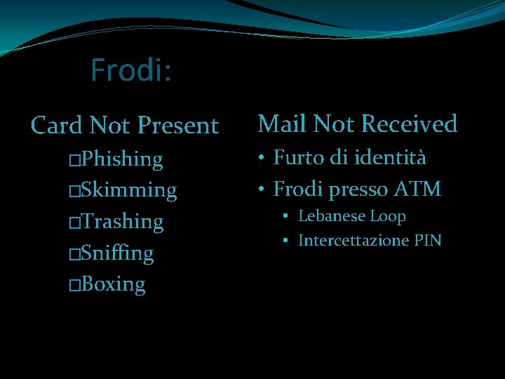 Frodi: Card Not Present �Phishing �Skimming �Trashing �Sniffing �Boxing Mail Not Received • Furto