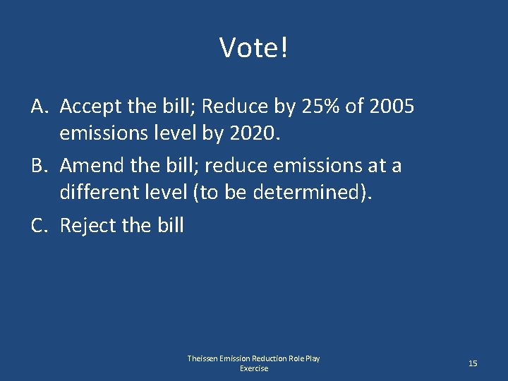 Vote! A. Accept the bill; Reduce by 25% of 2005 emissions level by 2020.