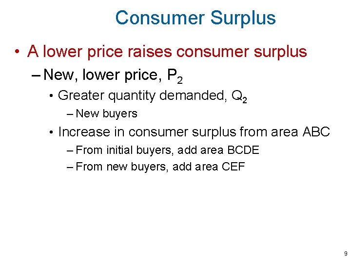 Consumer Surplus • A lower price raises consumer surplus – New, lower price, P