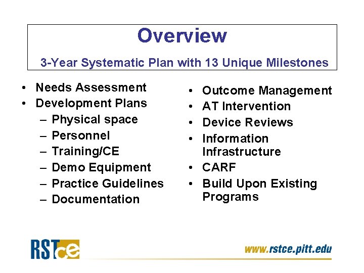 Overview 3 -Year Systematic Plan with 13 Unique Milestones • Needs Assessment • Development Overview 3 -Year Systematic Plan with 13 Unique Milestones • Needs Assessment • Development