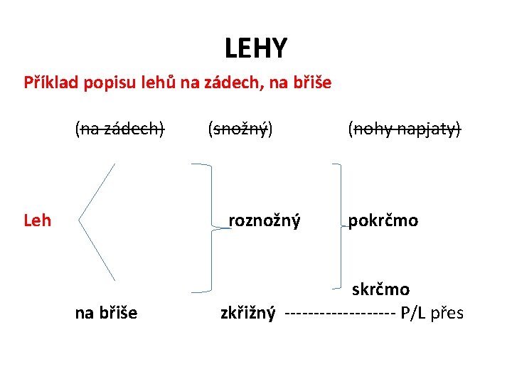 LEHY Příklad popisu lehů na zádech, na břiše (na zádech) Leh (snožný) roznožný na