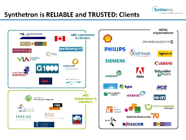 Synthetron is RELIABLE and TRUSTED: Clients with consumers & citizens brainstorm with stakeholders &
