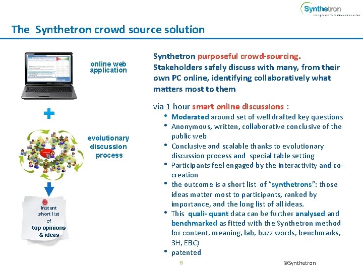 The Synthetron crowd source solution online web application Synthetron purposeful crowd-sourcing. Stakeholders safely discuss