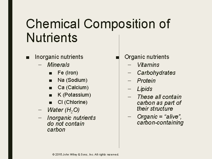 Chemical Composition of Nutrients ■ Inorganic nutrients – Minerals ■ ■ ■ Fe (Iron)