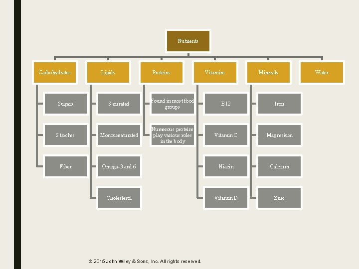 Nutrients Carbohydrates Lipids Proteins Vitamins Minerals Sugars Saturated Found in most food groups B