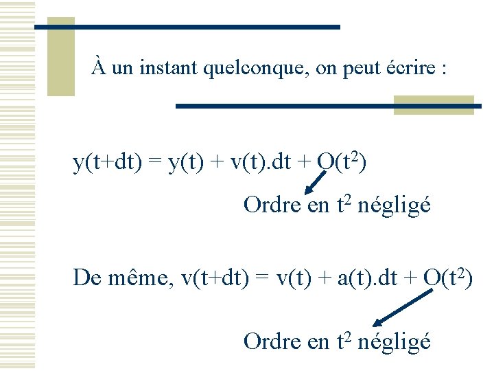 À un instant quelconque, on peut écrire : y(t+dt) = y(t) + v(t). dt