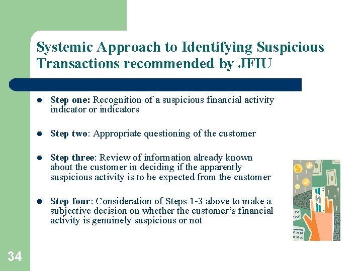 Systemic Approach to Identifying Suspicious Transactions recommended by JFIU 34 l Step one: Recognition