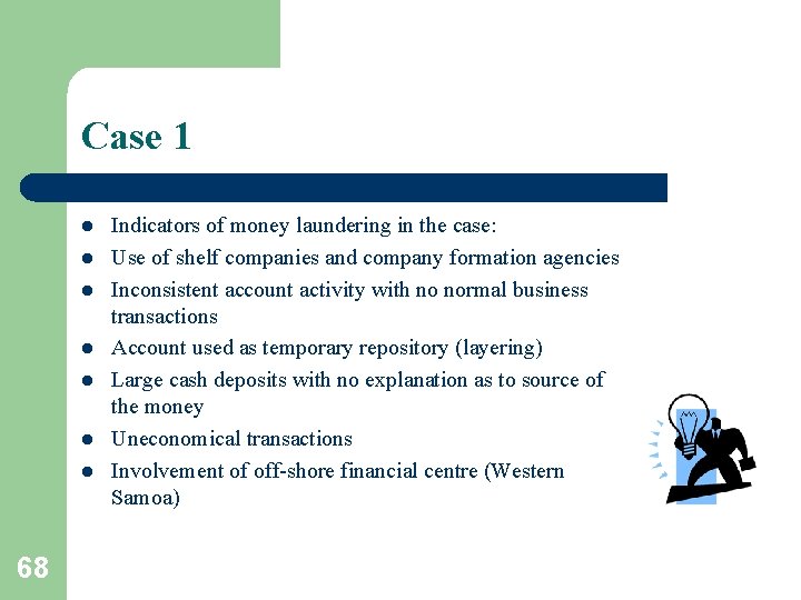 Case 1 l l l l 68 Indicators of money laundering in the case: