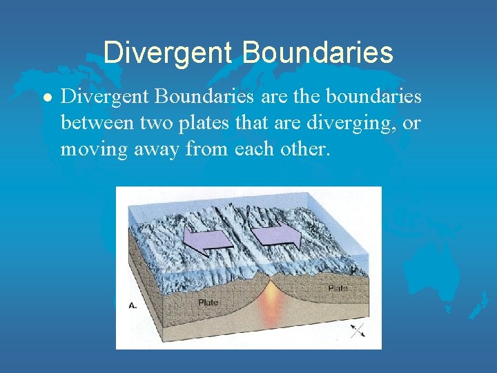 Divergent Boundaries l Divergent Boundaries are the boundaries between two plates that are diverging,