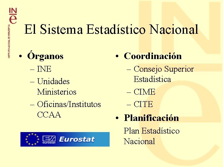 El Sistema Estadístico Nacional • Órganos – INE – Unidades Ministerios – Oficinas/Institutos CCAA El Sistema Estadístico Nacional • Órganos – INE – Unidades Ministerios – Oficinas/Institutos CCAA