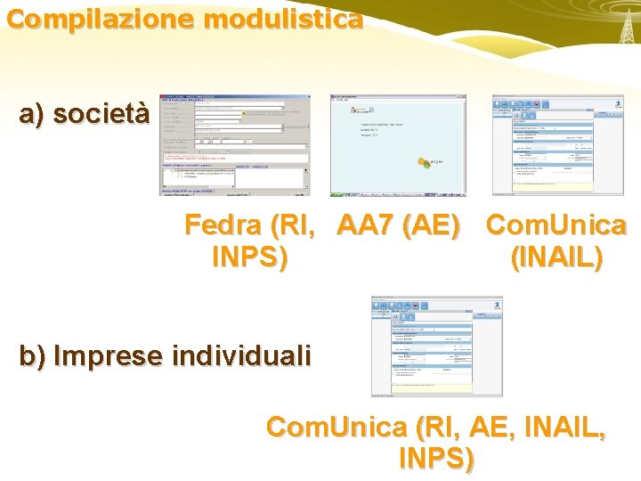 Compilazione modulistica a) società Fedra (RI, AA 7 (AE) Com. Unica INPS) (INAIL) b)