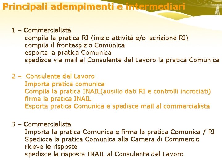 Principali adempimenti e intermediari 1 – Commercialista compila la pratica RI (inizio attività e/o