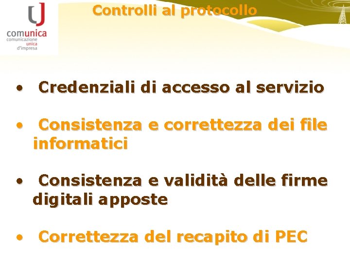 Controlli al protocollo • Credenziali di accesso al servizio • Consistenza e correttezza dei