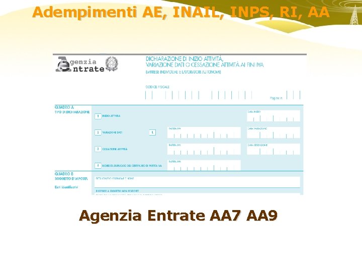 Adempimenti AE, INAIL, INPS, RI, AA Agenzia Entrate AA 7 AA 9 