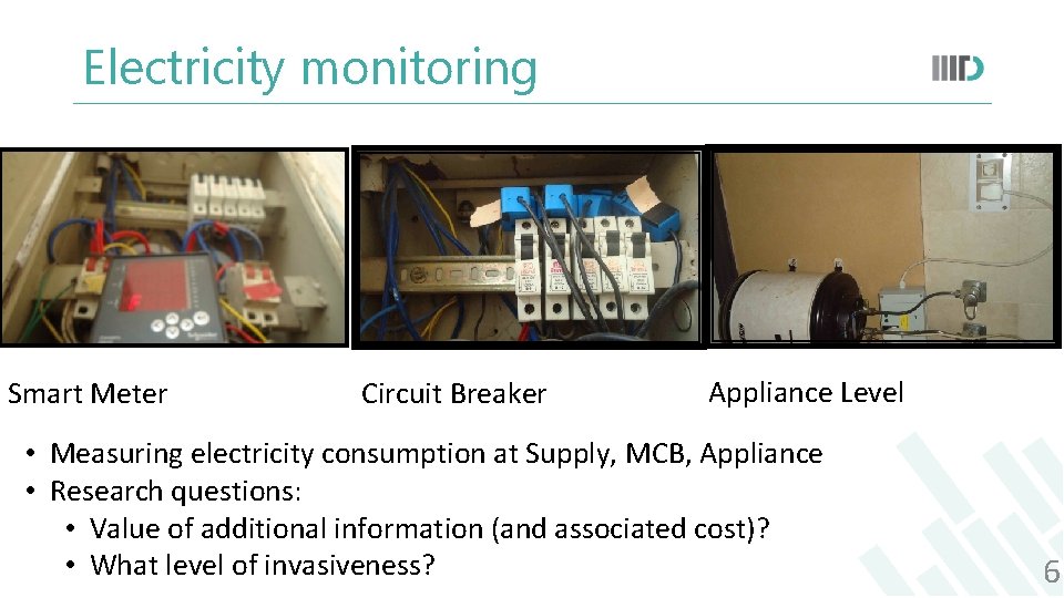 Electricity monitoring Smart Meter Circuit Breaker Appliance Level • Measuring electricity consumption at Supply,