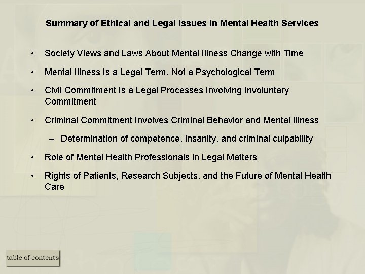 Summary of Ethical and Legal Issues in Mental Health Services • Society Views and