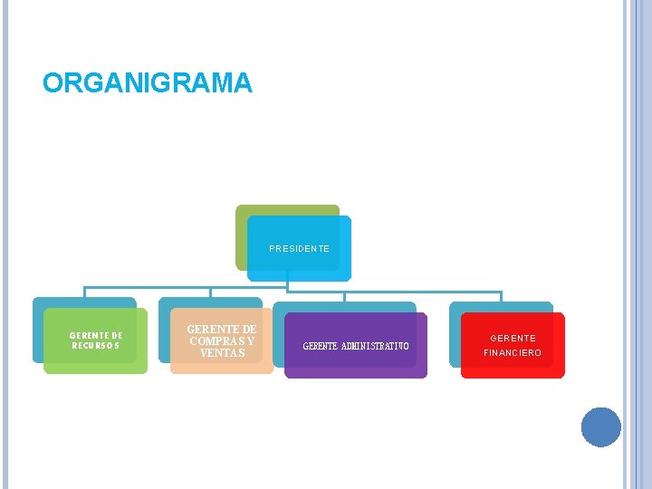 ORGANIGRAMA PRESIDENTE GERENTE DE RECURSOS GERENTE DE COMPRAS Y VENTAS GERENTE ADMINISTRATIVO GERENTE FINANCIERO