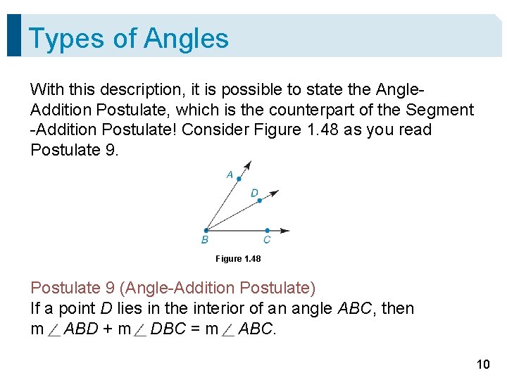 Types of Angles With this description, it is possible to state the Angle. Addition