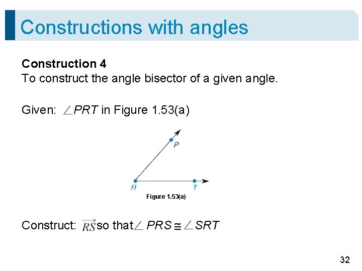 Constructions with angles Construction 4 To construct the angle bisector of a given angle.