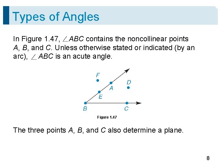 Types of Angles In Figure 1. 47, ABC contains the noncollinear points A, B,