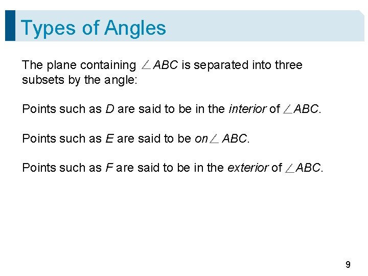 Types of Angles The plane containing subsets by the angle: ABC is separated into