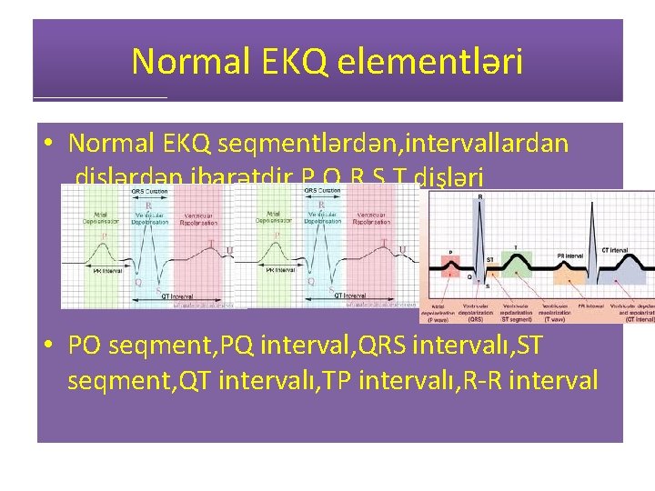 Normal EKQ elementləri • Normal EKQ seqmentlərdən, intervallardan , dişlərdən ibarətdir. P, Q, R,