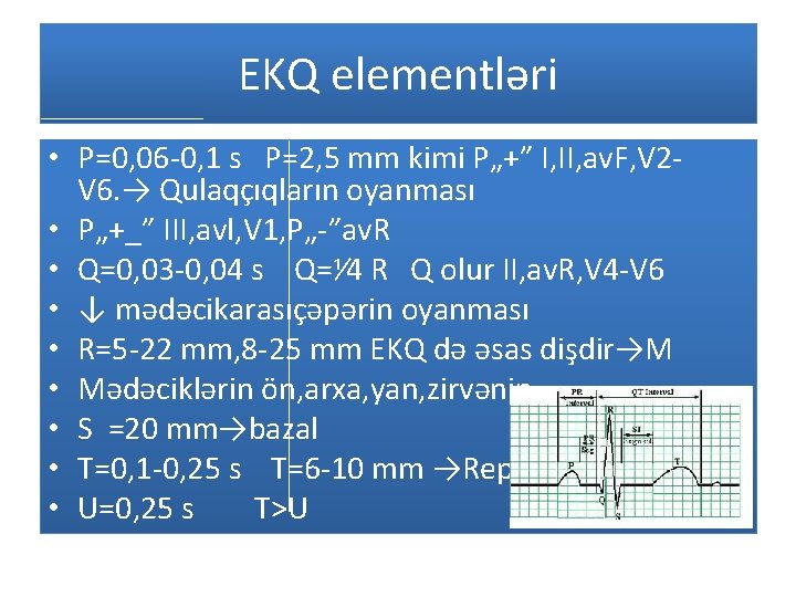 EKQ elementləri • P=0, 06 -0, 1 s P=2, 5 mm kimi P„+” I,