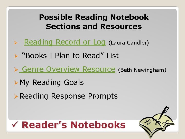 Possible Reading Notebook Sections and Resources Ø Reading Record or Log (Laura Candler) Ø